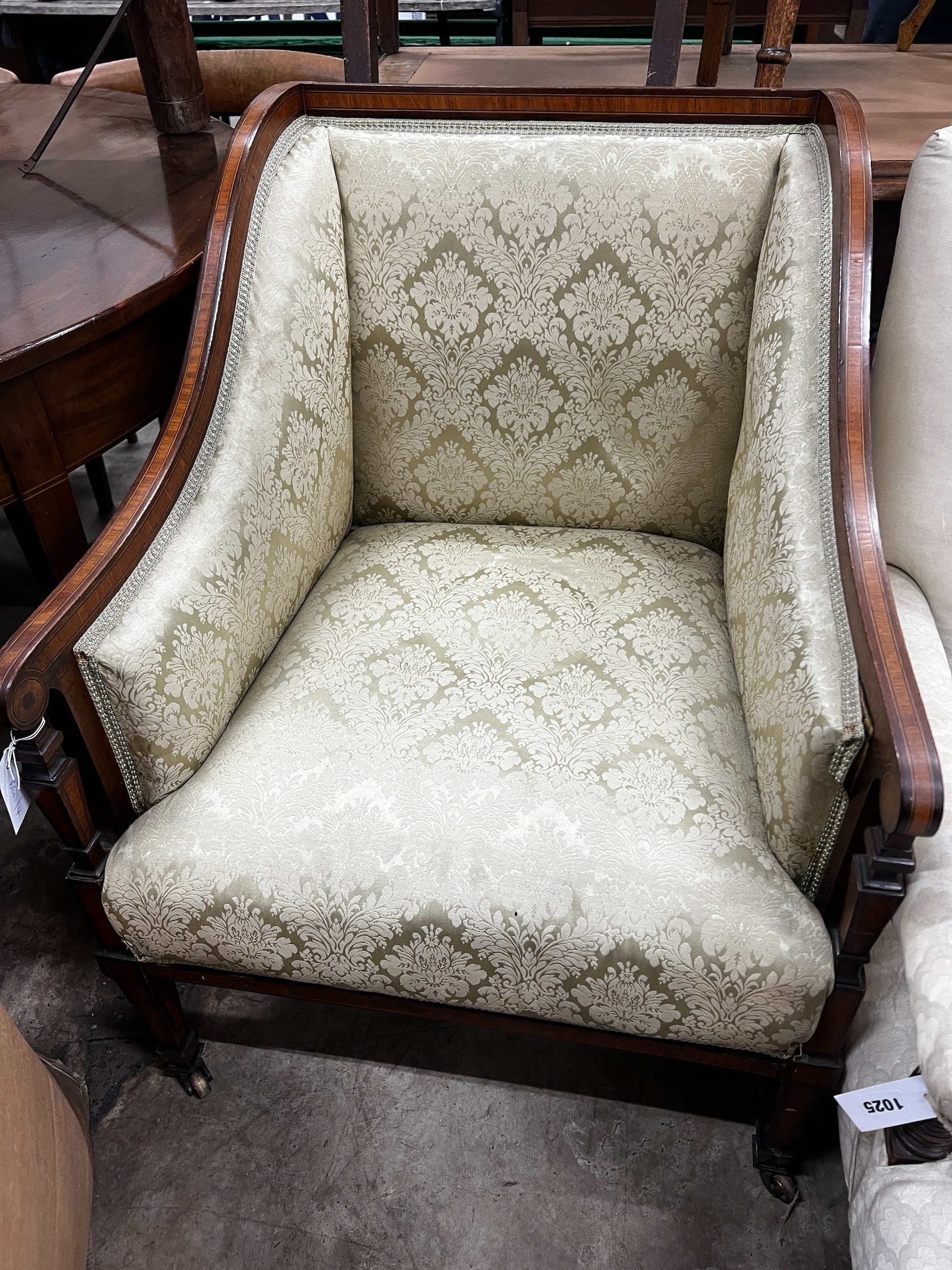 An Edwardian satinwood banded mahogany armchair, width 63cm depth 70cm height 83cm